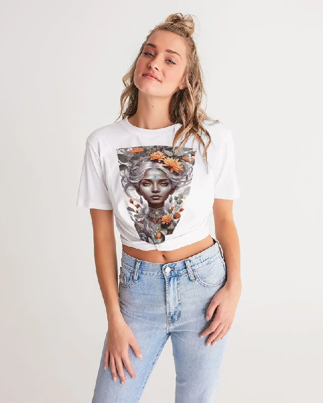 Blossom Indian Grey sister Women's All-Over Print Twist-Front Cropped Tee