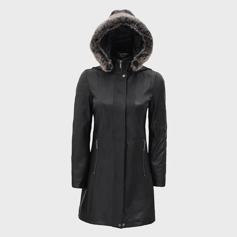 Jean Hooded Black Long Fur Collar Leather Coat Womens