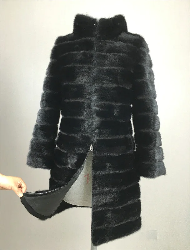 LIYAFUR Real Mink Fur Coat for Women Natural Genuine Russian Fur Coats Luxury Black Color Customized Size