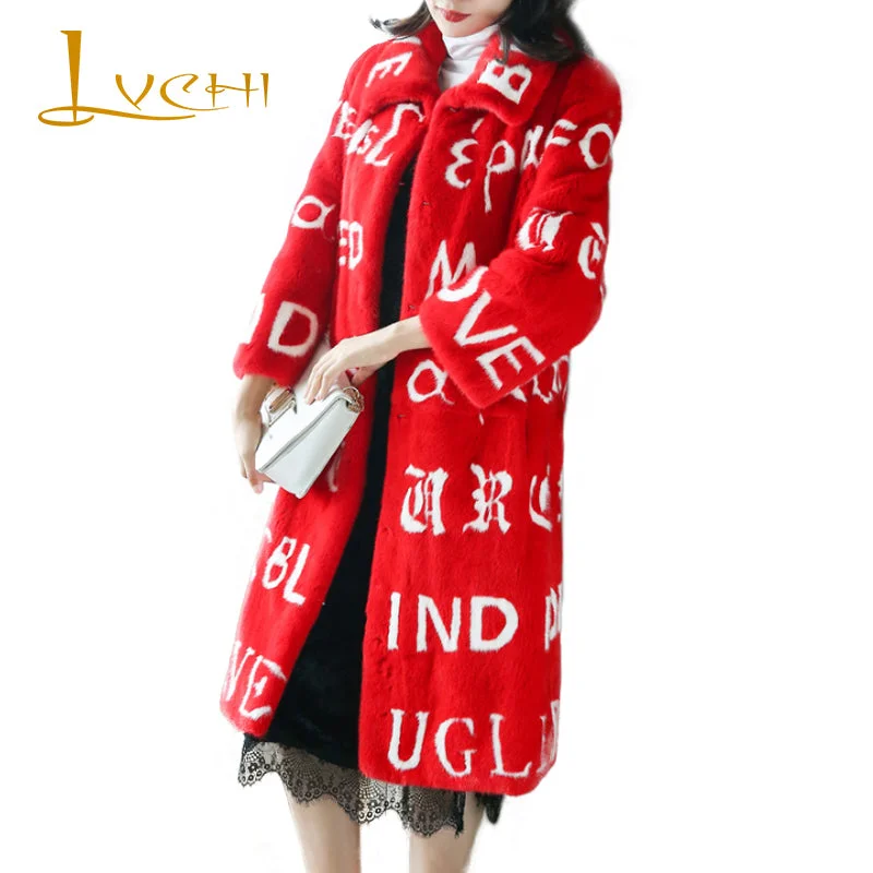 LVCHI Winter 2017 Import Real Mink Fur Coats Print Women's Natural Fur Turn-Down Collar English Letter Long Causal Mink Coats