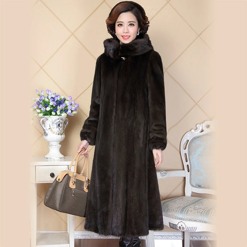 Nerazzurri real mink fur coat for women china full sleeve thick warm long genuine natural fur coats with hood plus size 5xl 6xl