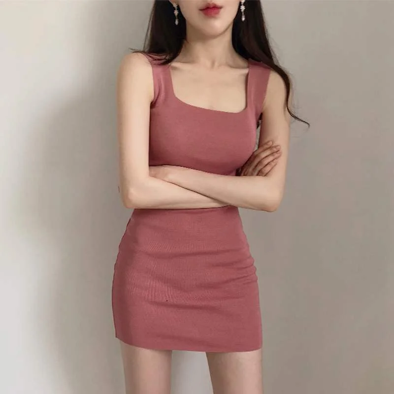 Sling Dress Women Spring and Summer Knitted Square Neck Dress Tight-fitting Hip Bottoming Vest Skirt Summer Sleeveless Short Dress