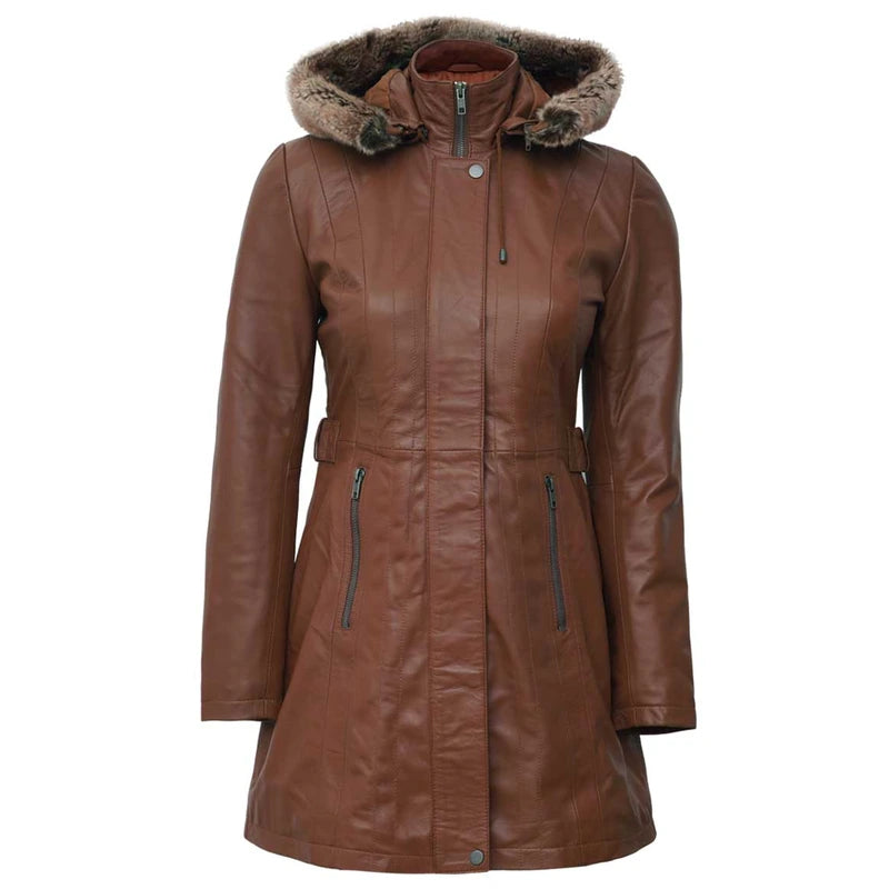 Womens Brown Leather Long Coat with Removable Fur Hood