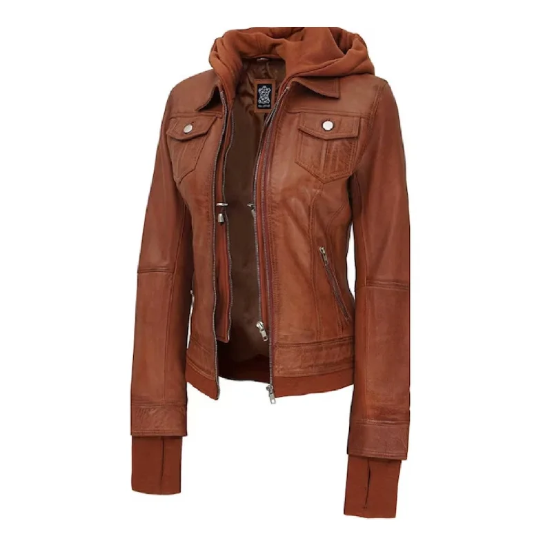 Hooded Brown Leather Bomber Jacket Women