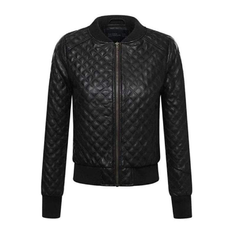 Womens Black Genuine  Leather Quilted Bomber Jacket