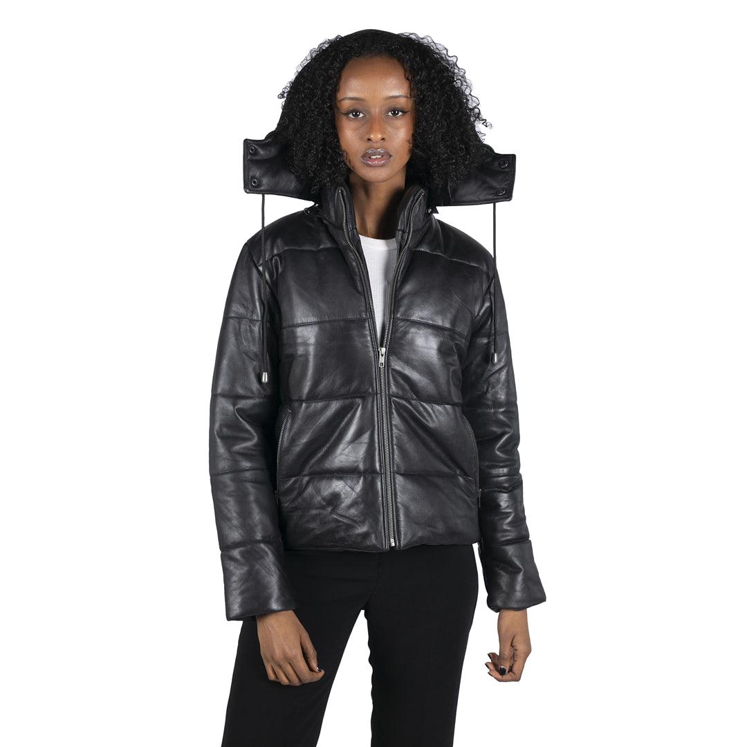 Womens Short Puffer Hood Jacket Real Leather Black Casual Retro 80s Classic