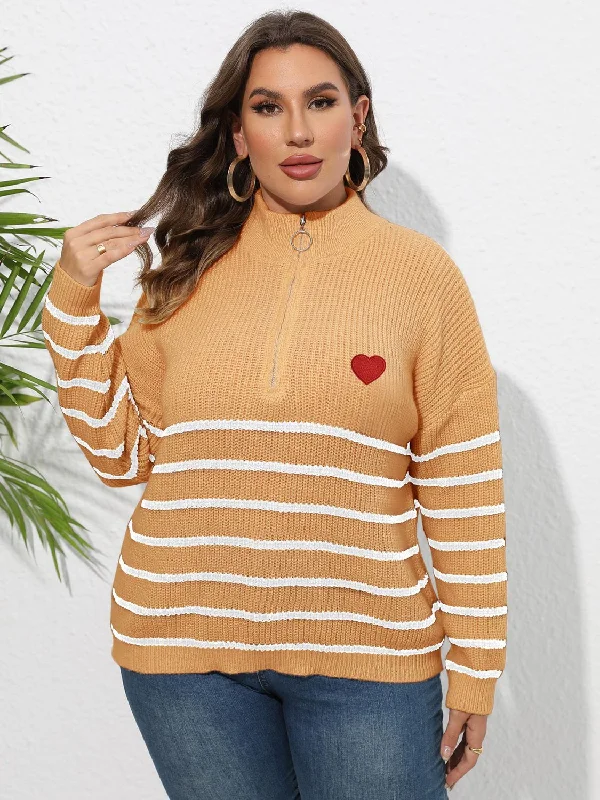 Size Inclusive Zip-Up Striped Sweater with Heart Logo